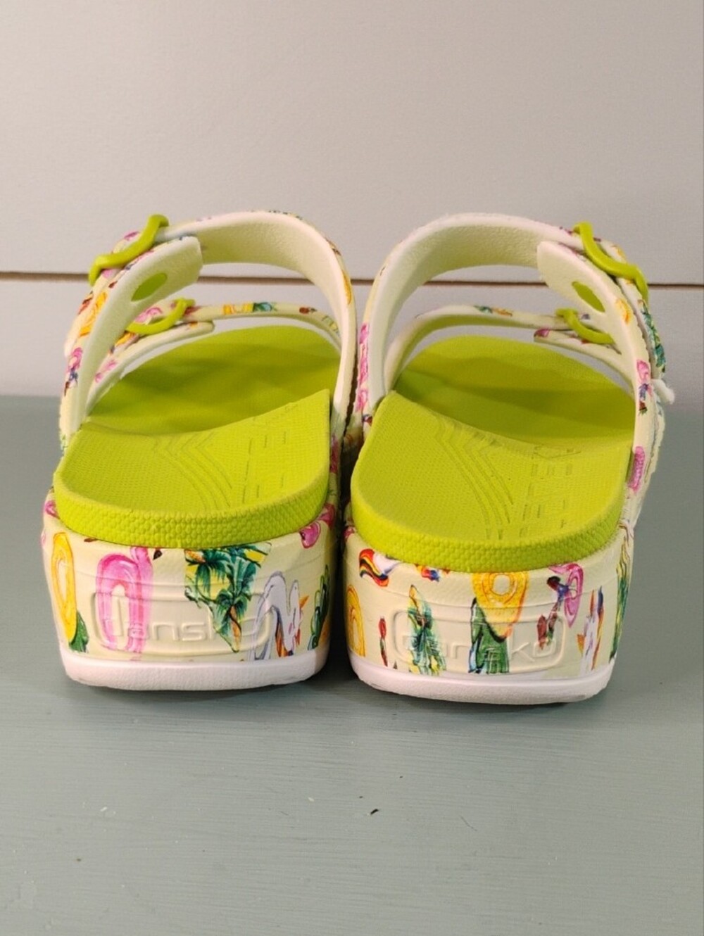 Dansko Lime Green Tropical Print Platform Sandals - Picture 5 of 5